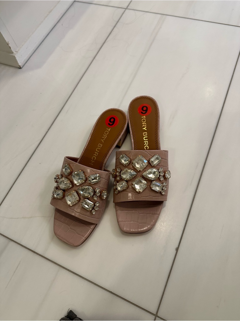 Tory Burch Blush Pink Jeweled Slide Mules